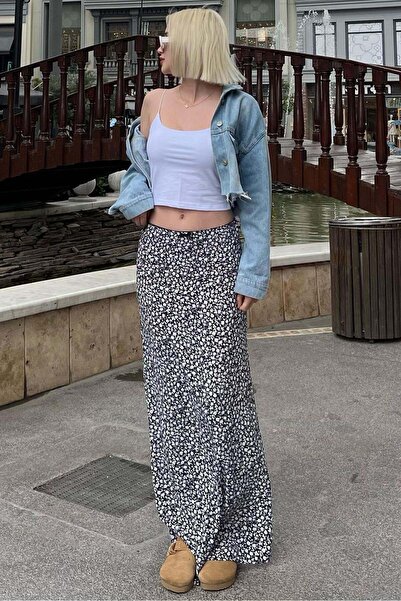 Seeh Navy Blue Polka Dot Slit Maxi Women's Skirt Sh255