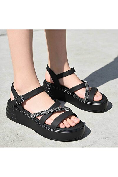 Tmall Γυναικεία σανδάλια, από συνθετικό δέρμα, με χοντρές σόλες, SA116, μαύρα