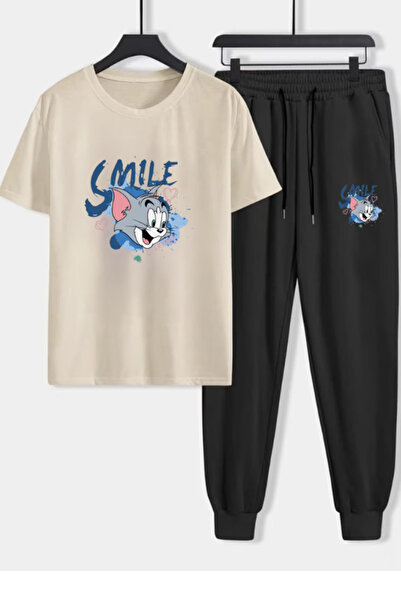 MİDAD تي شيرت مطبوع عليه SMILE - طقم بدلة رياضية من قطعتين بياقة دائرية وسروا...