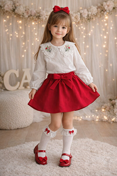 CALİSA Girl's Red Skirt and Embroidered Shirt Set, Ages 2-12 |   Stylish Top ...