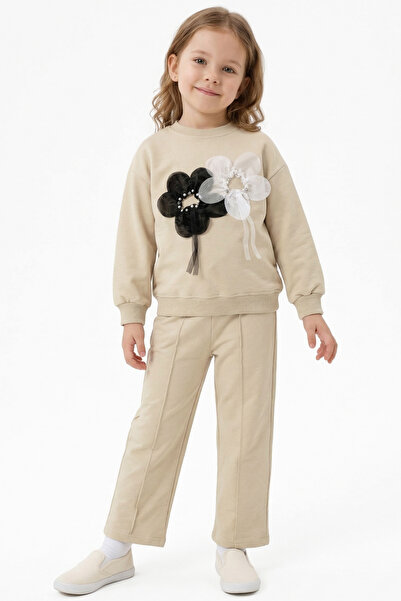 bebegen Girl's Beige Black Tulle Floral Pearl 2-Piece Set