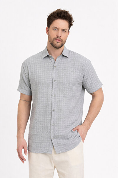 Heaven Ephesus Men's Shirt - Muslin Waffle Checkered Collar Short Sleeve Shir...