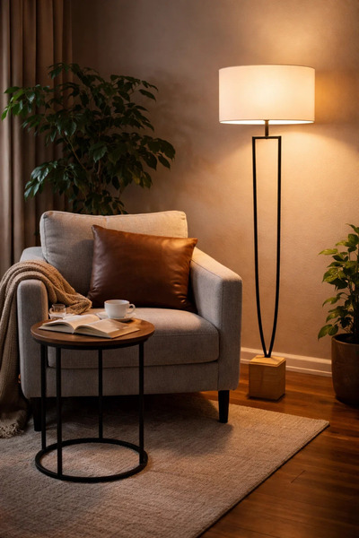 MARIA HOMES Modern Floor Lamp with Fabric Shade and Decorative Stone Base for...