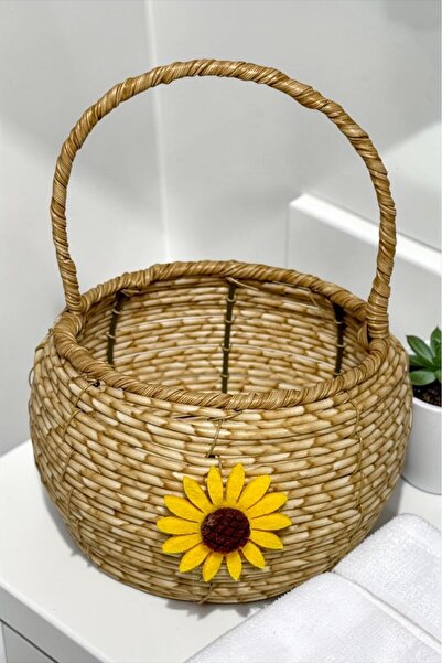 Bereketli Store Samah Papatya Detaylı Kulplu Hasır Sepet | Yuvarlak Kahvereng...