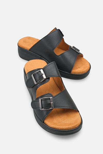 Solo Bag Papuci de damă negri, cu curea dublă, cu cataramă, ortopedici, cu ta...