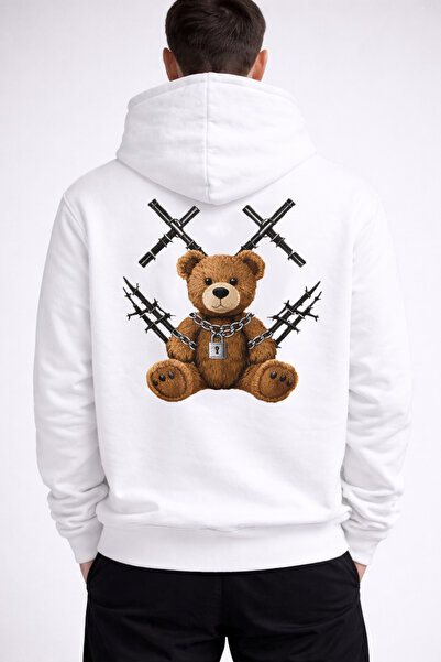 vulgariromania Hanorac Oversize Alb Bărbați – Bear Teddy Print Streetwear - XL