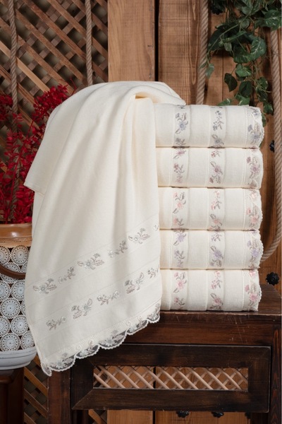 Fiesta Tekstil منشفة مخملية مطرزة مقاس 50×90 سم، عبوة من 6 قطع