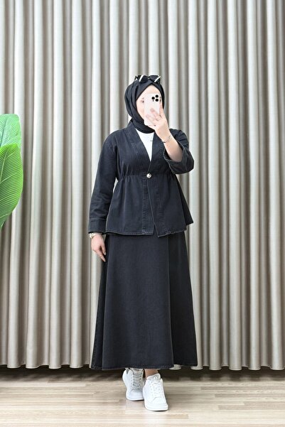 ALYA VAHİDE TAKIM Kot Kumaş Siyah Kadın Etekli 2'li Takım
