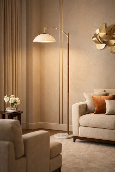 MARIA HOMES Modern Arc Floor Lamp with Marble Base and Wooden Stand for Livin...