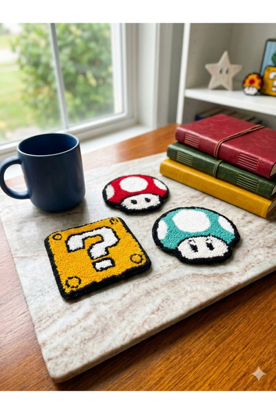 GAONK El Yapımı Punch Nakışlı 3'lü Super Mario Temalı Bardak Altlığı Seti - R...