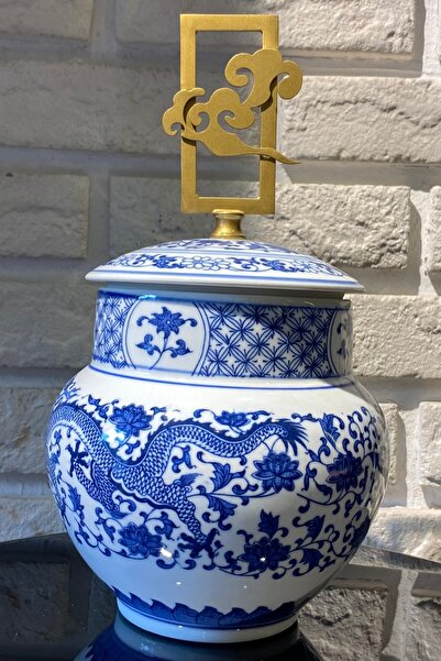 LEMİ DEKORASYON La'medore Asıa Bleu Blanc Kapaklı Küp Vazo 7.2x17.2x32 cm