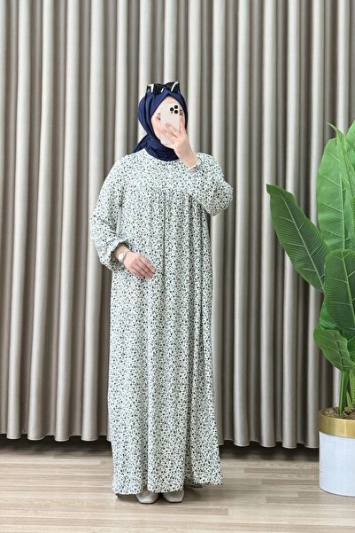 ALYA Lale Elbise Viskon Kumaş Kadın Beyaz Bol Kesim Kol Lastikli Elbise