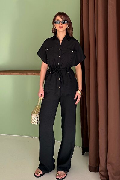 BEJNA Women's Belted Button Detailed Linen Textured Top and Bottom Set with P...