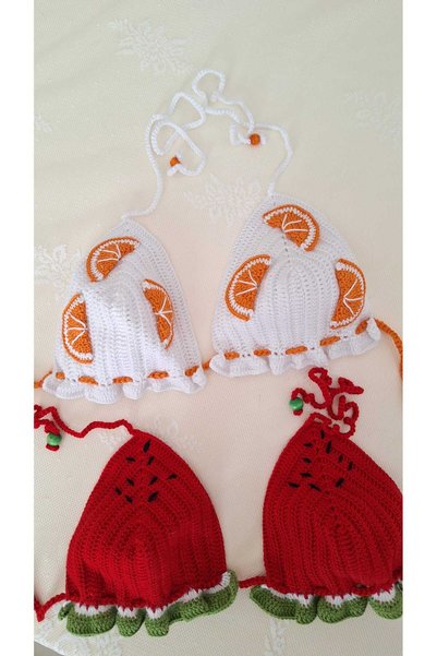 SOUL BY A&B Hand Knitted Bikini Watermelon Bikini Orange Bikini Red Orange 2-Piece Bikini Top Knit