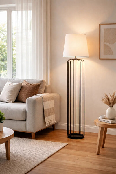 MARIA HOMES Modern Black Cage Style Floor Lamp with Fabric Shade for Living R...