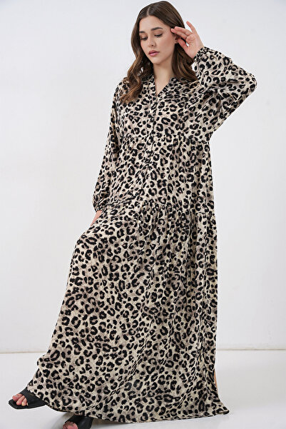 Merterium Women's Patterned Hijab Dress 1010 Beige Black