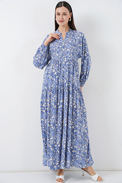Merterium Women's Patterned Long Hijab Dress 1155 - D. Indigo