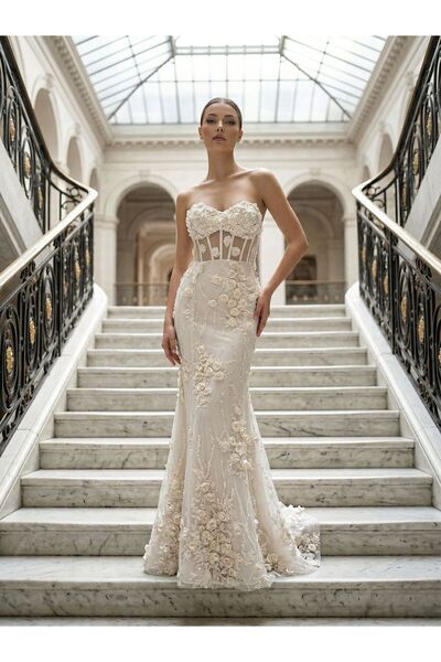 OLA Flora Üç Boyutlu Çiçek İşlemeli Balık Kesim Abiye Elbise