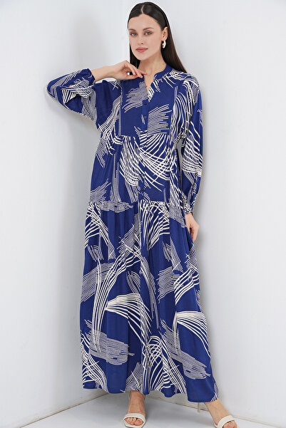 Merterium Women's Patterned Long Hijab Dress 1155 - C.Navy Blue