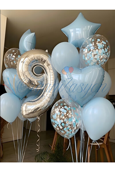 Organizasyon Pazarı مجموعة بالونات فضية رقم 9 على شكل قلب أزرق ونجمة كونفيتي ...