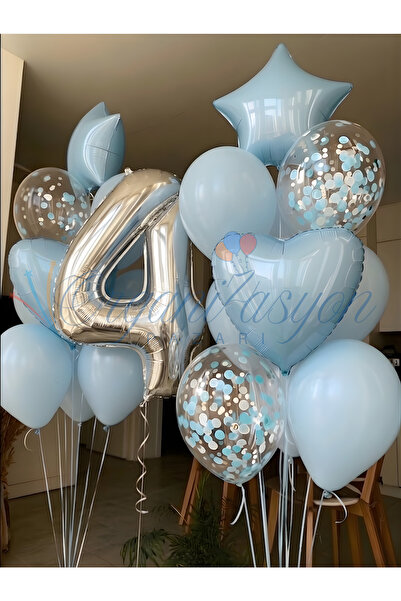 Organizasyon Pazarı Gümüş Rakam 4 Yaş Balon Seti Mavi Kalp Yıldız Konfeti Doğ...