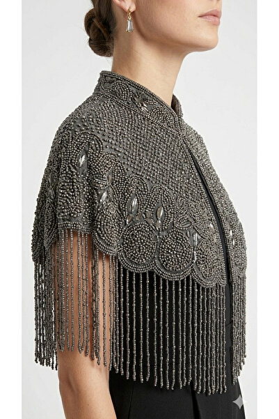 Rabiossa Kadın İşlemeli Kristal Boncuklu Abiye Pelerin