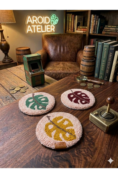 GAONK Handmade Punch Embroidery Camel's Foot (Monstera) Coaster Set of 3 - Mo...
