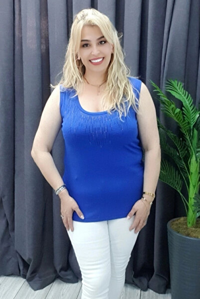 Bİ.GİYSEN Women's Blue Crew Neck Large Size Lycra Sweater with Stone Embroide...