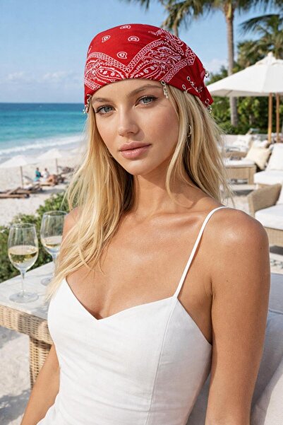 sema aksesuar 7 Charm Nota Yonca Moon Star Red Ethnic Pattern Scarf Bandana -...