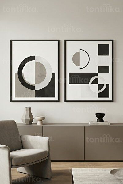 Tontilika Modern Geometrik Soyut Sanat Kompozisyonları 2’li Ahşap Çerçeveli T...
