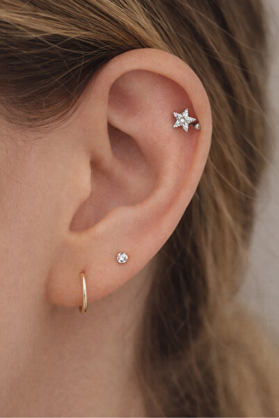 U&Gi Moda Yıldız Kıkırdak (Helix) Piercing Işıltılı Taşlı Minimal Kulak Akses...