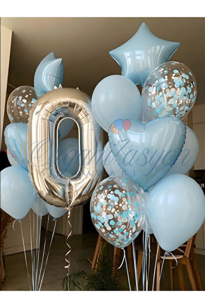 Organizasyon Pazarı Silver Number 0 Age Balloon Set Blue Heart Star Confetti ...
