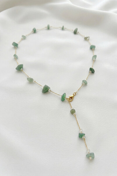 özgül takı ve tasarım Y Model Aventurine Stone Gold Color Lacquer Plated Wome...