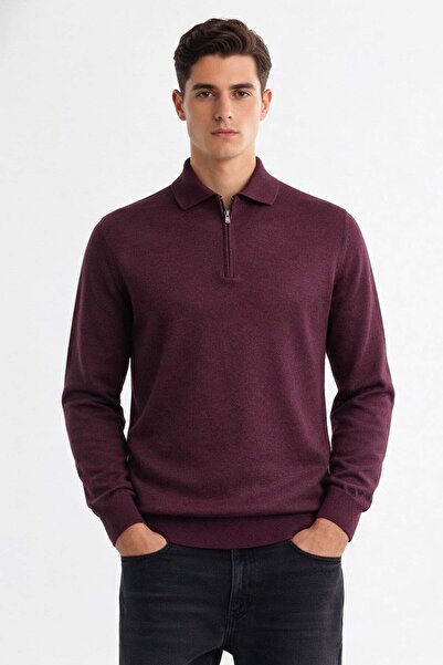 Giotelli سترة تريكو رجالية من مزيج الصوف باللون الأحمر الداكن