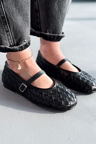 I Love Shoes حذاء راقصة الباليه للسيدات من روزيل مصنوع من الجلد الأسود غير ال...