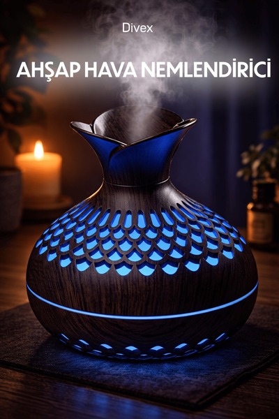 Divex Ahşap Görünümlü Ultrasonik Hava Nemlendirici - 300ml Aromaterapi Difüzö...