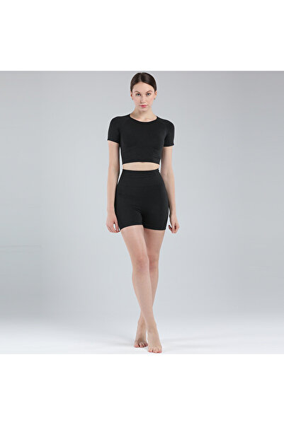 TML Women’s Black High Waisted Sports Shorts & Crop Top Set | Stretchy Gym Yo...