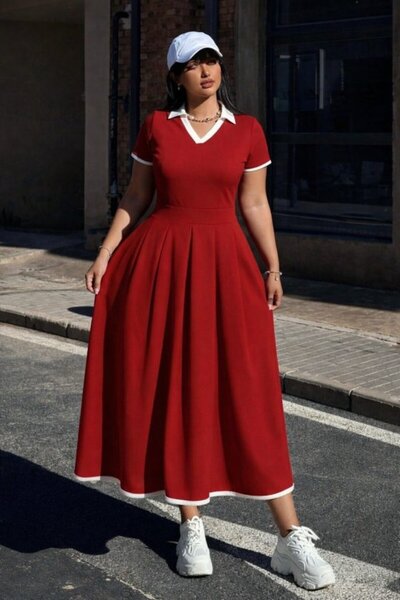 NİDAM BUTİK Women's Short Sleeve V-Neck Pleated Long Janjan Crepe Dress