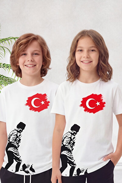 YA KO KİDS Single Atatürk, Kocatepe and Flag Print Detailed Short Sleeve Unis...