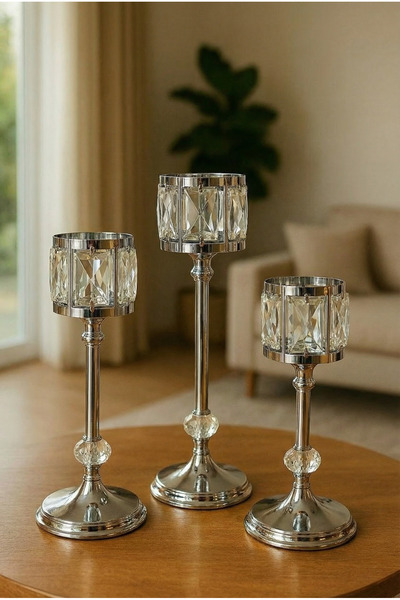 AKSESUAR EVRENİ Dialin Krom 3'lü Mumluk Dekoratif Şamdan Kristal Taşlı Paslan...