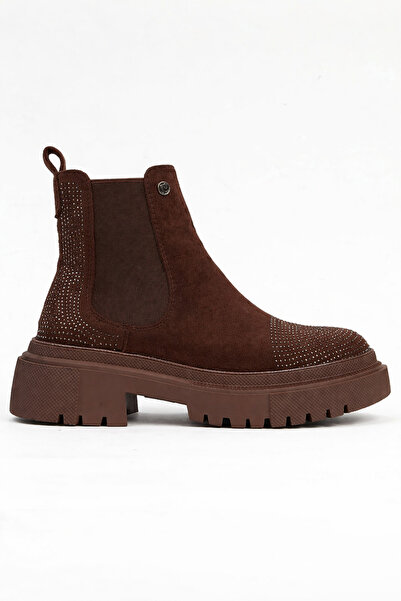 Pierre Cardin Suede Stone Detailed Zippered Boots Brown Pc-55085