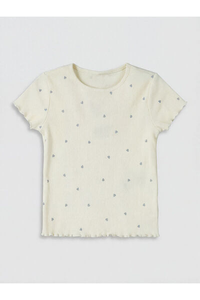 LC Waikiki Ecru Heart Patterned Ribbed Girls' T-Shirt