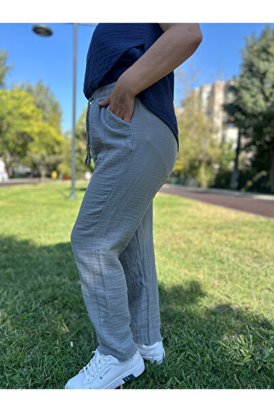 AYDESİGN Gray 100% Cotton Muslin Fabric Women's Carrot Leg Pants