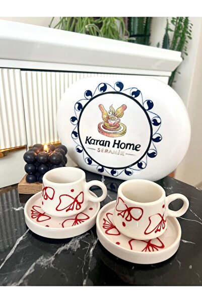 karan home seramik El yapımı fiyonk modelli iki kişilik kahve fincanı takımı
