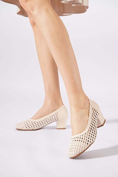 Moda Pie Lopena Πλεκτά Λεπτομερή Γυναικεία Κλασικά Παπούτσια με Τακούνι Μπεζ ...