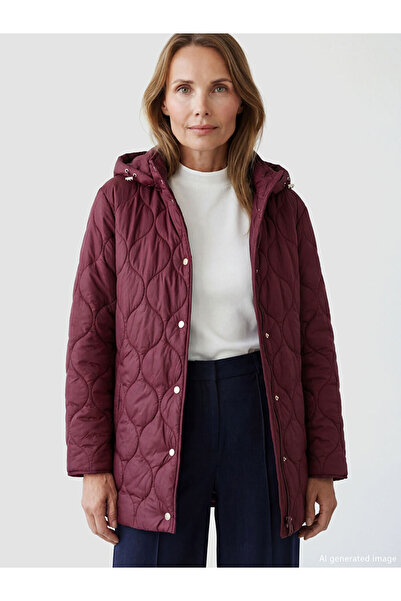 LC Waikiki Burgundy Hooded Quilted Women's Puffer Jacket
