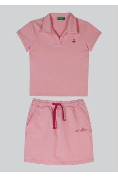 Benetton طقم تي شيرت وتنورة بياقة بولو باللون الوردي من United Colors of Girls