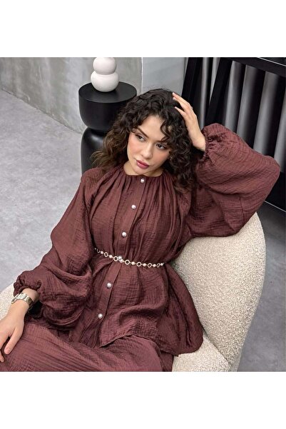 Cardella Set din țesătură turcoaz cu centură perlată – Set elegant din două p...