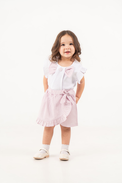JNF kids Baby Girl Summer Gofre Stretchy Fabric Bow Detailed Skirt Shorts Set