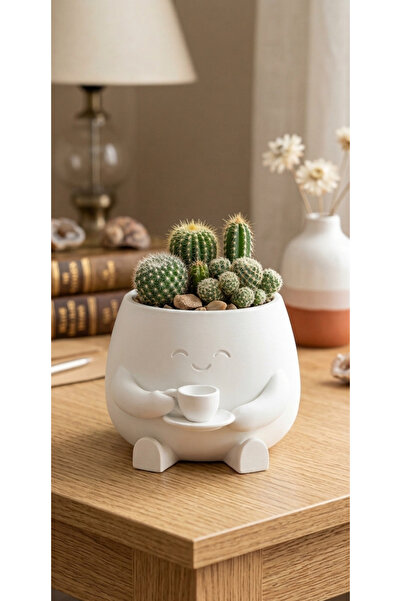 .BABURA Cute Flower Pot Enjoying Coffee - 3D Decorative Cactus Succulent Flower Pot - White Character Object